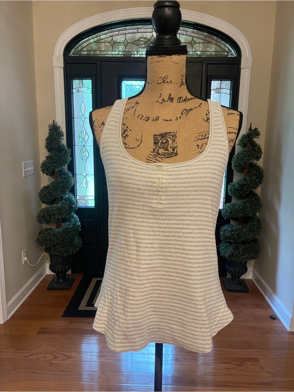 Haven Well Within Striped Ribbed Henley Gray White Stripe Tank Size Medium